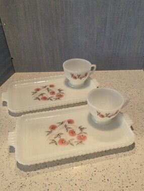 Vintage 1950's Fire King Fleurette Milk Glass Snack Set  2 Sets